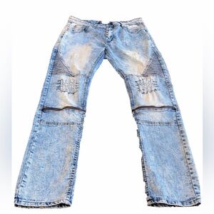 ROK Hand Crafted Acid Wash Moto Jeans W34 L32 Distressed Zipper Knees